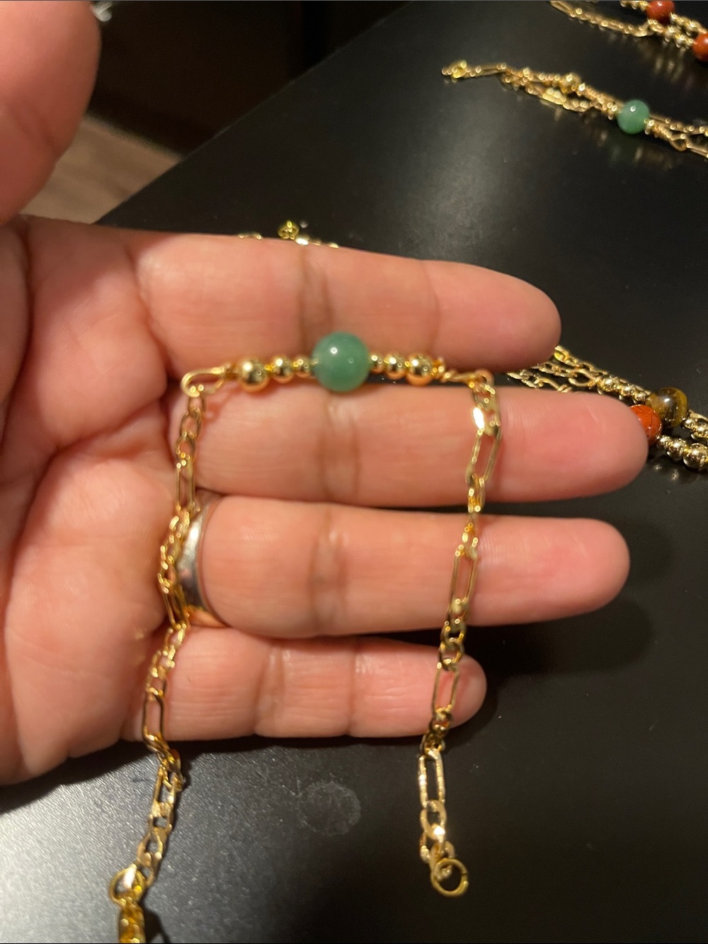 Gold Chain bracelet with Green Bead Accent